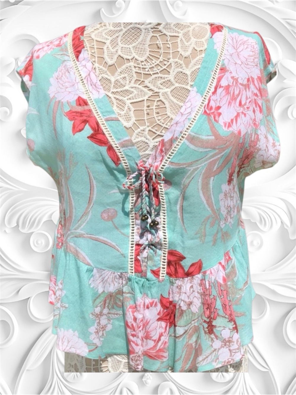 MINKPINK Mint Blouse w/Coral Flowers & Tie Front